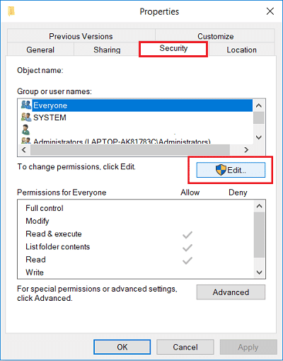 单击文件夹属性的安全菜单中的编辑按钮。修复 Windows 10 上指定的不存在的设备错误