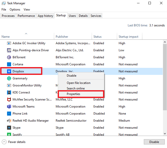Zlokalizuj i kliknij prawym przyciskiem myszy Dropbox i wybierz Właściwości. Napraw program Excel wolno otwierający się w systemie Windows 10
