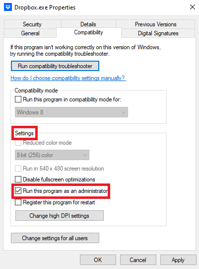 [設定] オプションで、[管理者としてこのプログラムを実行する] をクリックします。 Windows 10でExcelが開くのが遅い問題を修正