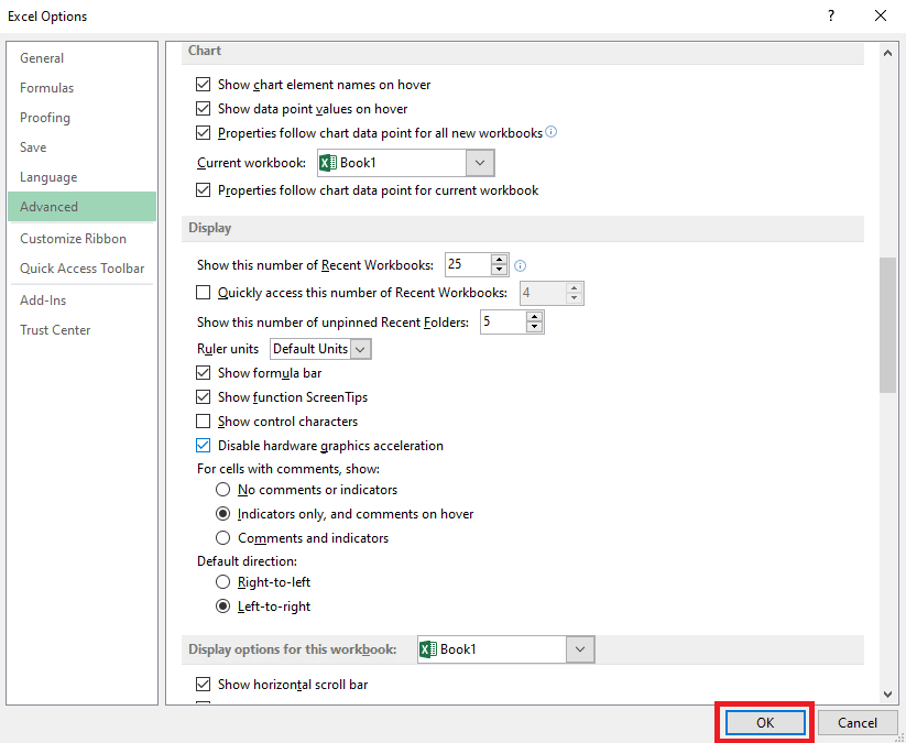 單擊“確定”保存更改。修復 Excel 在 Windows 10 中打開速度慢的問題