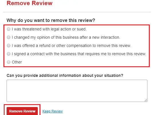 Wählen Sie die Gründe für das Löschen der Bewertung aus und klicken Sie auf Bewertung entfernen | So löschen Sie ein Yelp-Konto | Meine Adresse von Yelp entfernen
