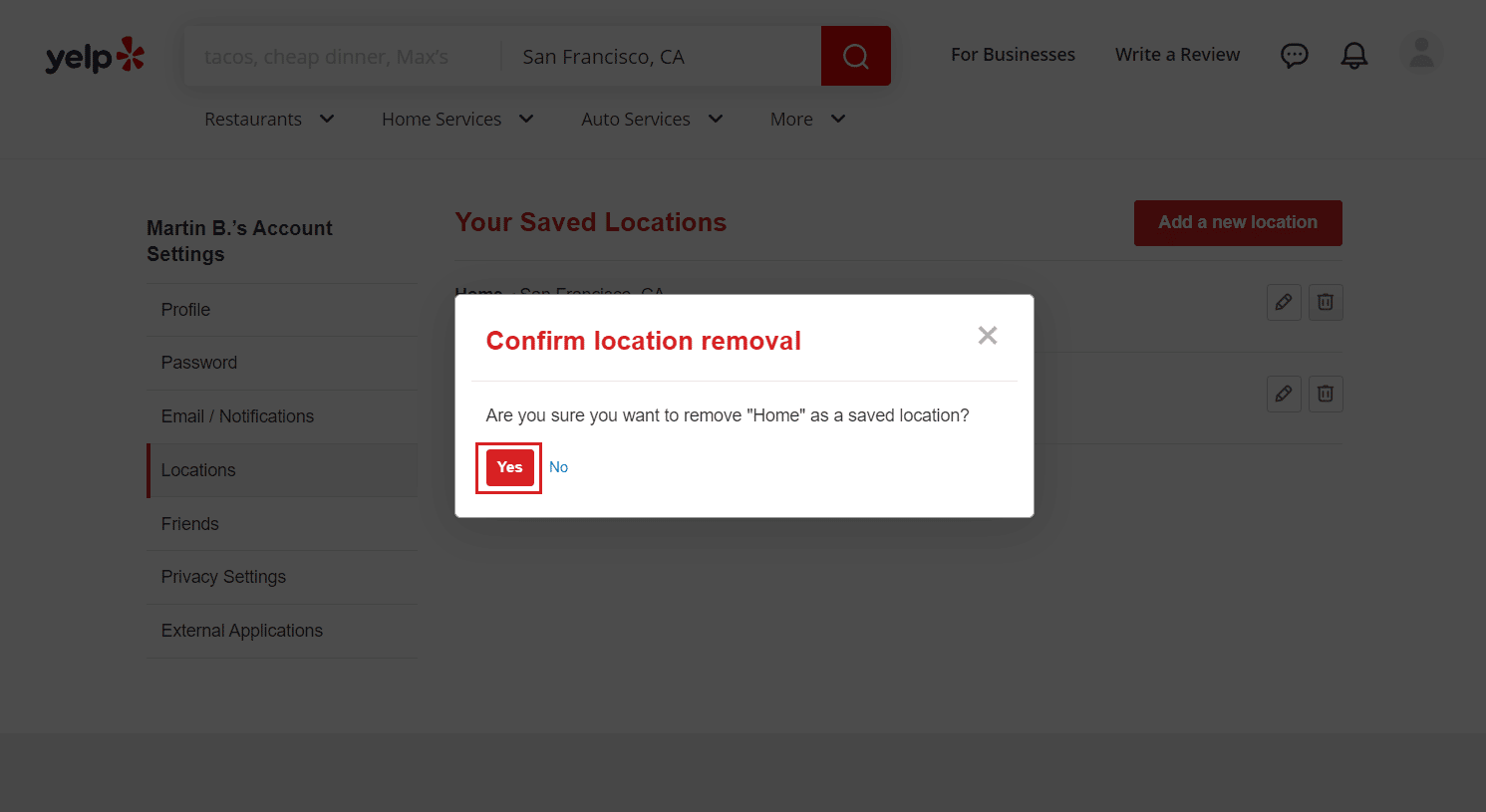 Klicken Sie im Bestätigungs-Popup auf Ja, um den Standort dauerhaft aus Ihrem Yelp-Konto zu löschen | Meine Adresse von Yelp entfernen