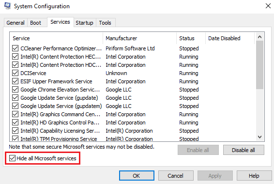 Aktivieren Sie das Kontrollkästchen Alle Microsoft-Dienste ausblenden. Beheben Sie den Windows 10-Aktualisierungsfehler 0x80d02002