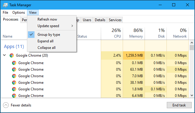 Das Menü Ansicht im Task-Manager