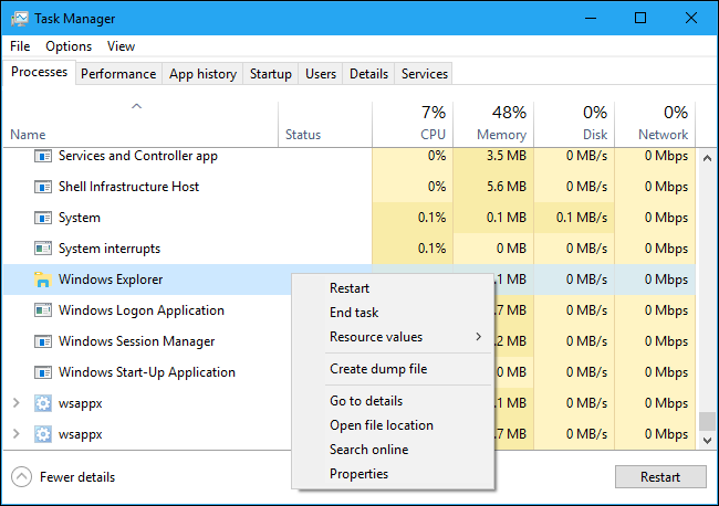 Option zum Neustart des Windows-Explorers im Task-Manager