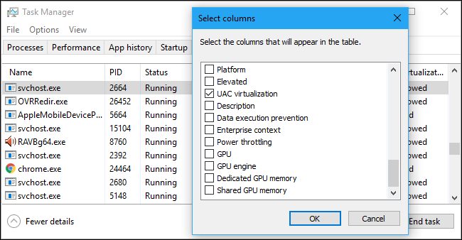 Auswählen von Spalten für die Registerkarte Details des Windows Task-Managers