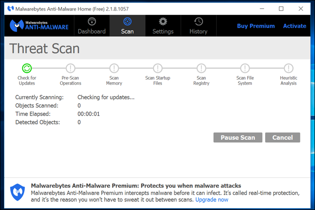 ウイルス スキャンを実行している Malwarebytes。