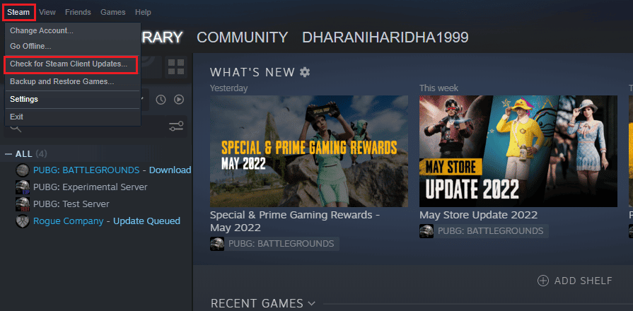 Steam をクリックし、次に Check for Steam Client Updates… をクリックします。