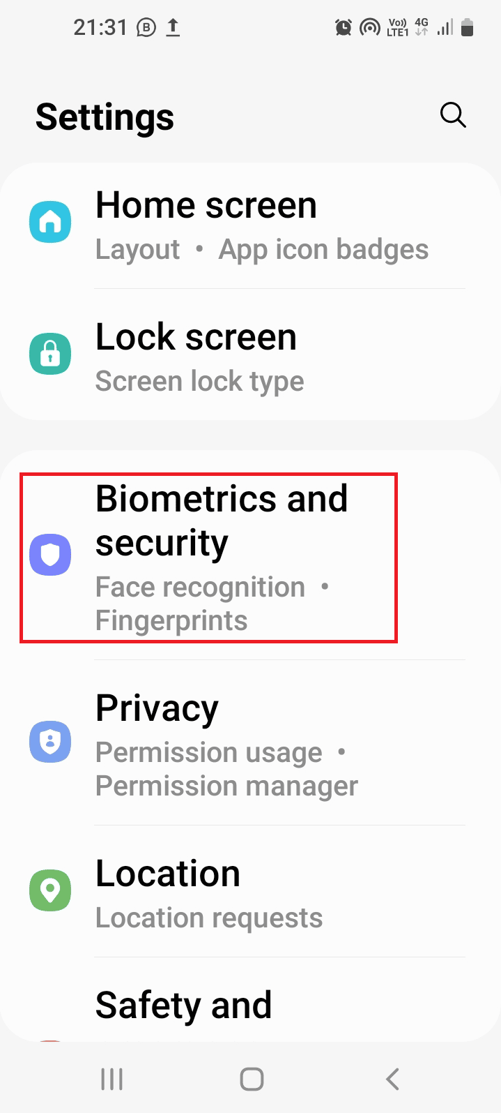 Tippen Sie auf die Registerkarte Biometrie und Sicherheit