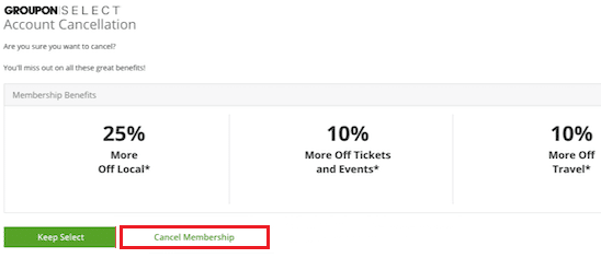 次のページで、[メンバーシップをキャンセル] をもう一度クリックして、アクションを確認します。グルーポンのレビューを削除する