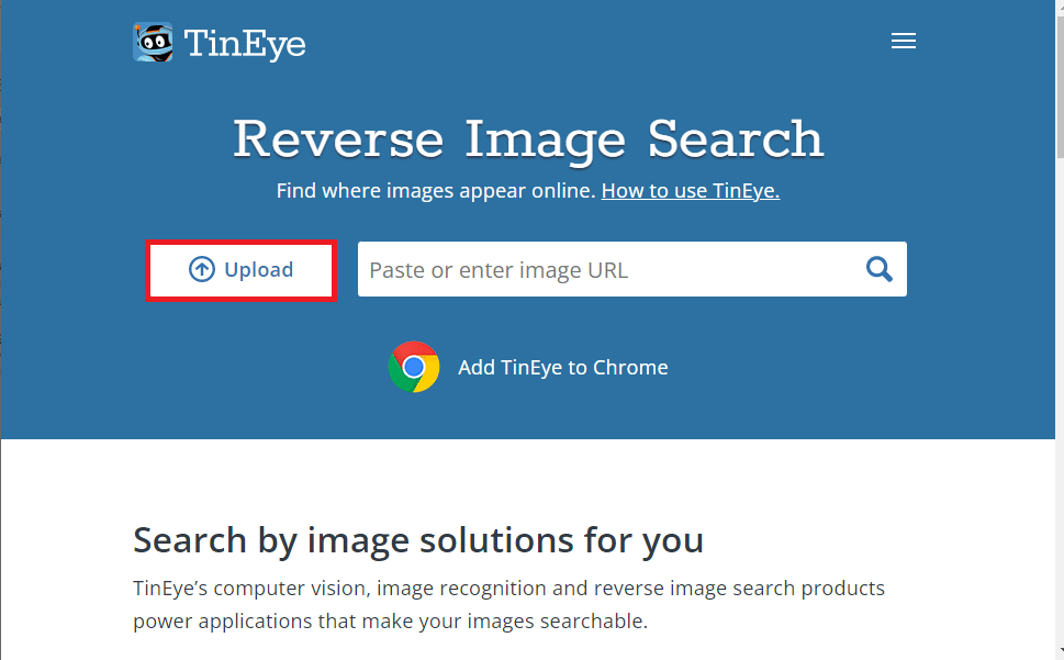 Öffnen Sie die offizielle Website von TinEye und klicken Sie auf die Schaltfläche Hochladen