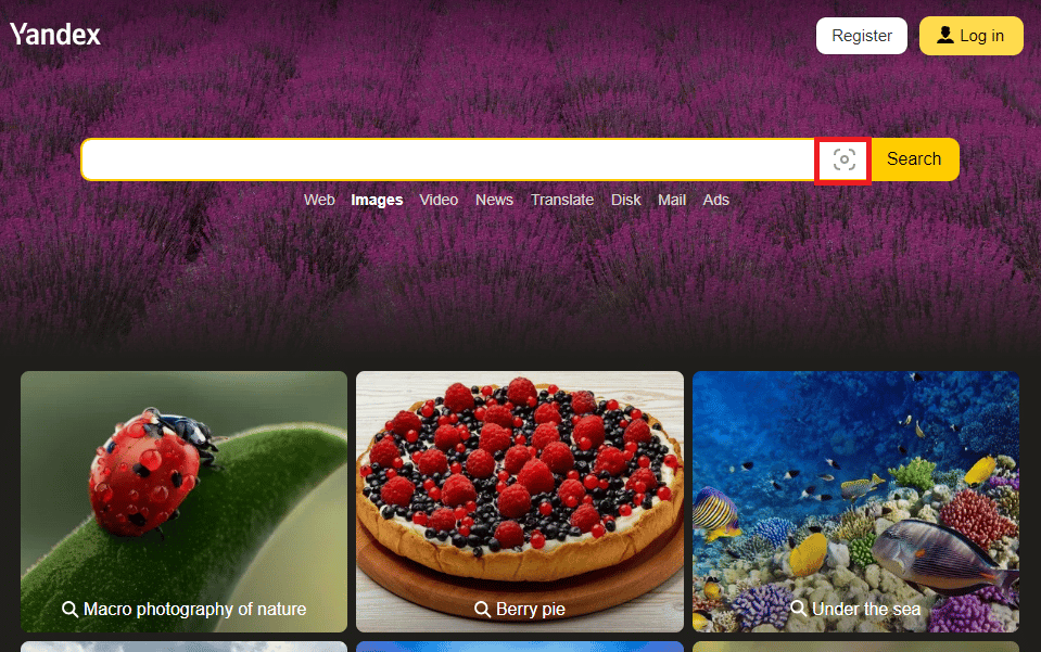 Öffnen Sie die offizielle Website der Yandex-Bildsuche und klicken Sie auf das Kamerasymbol in der Suchleiste