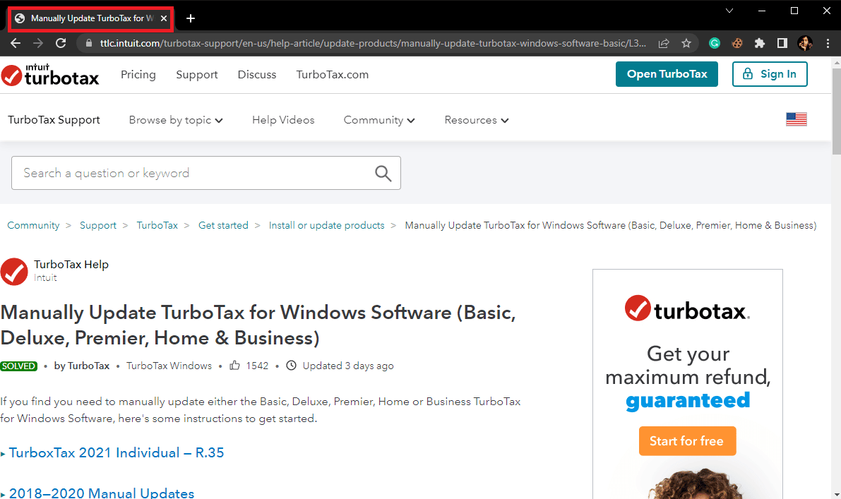 Besuchen Sie die Intuit TurboTax-Aktualisierungsseite