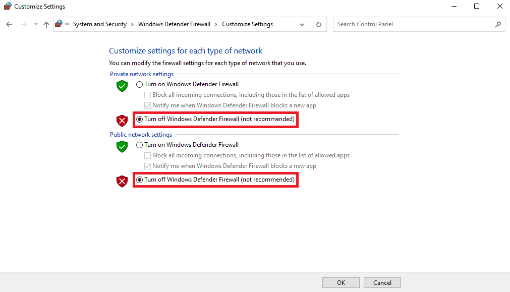 Deaktivieren Sie die Windows Defender-Firewall sowohl für private als auch für öffentliche Netzwerke