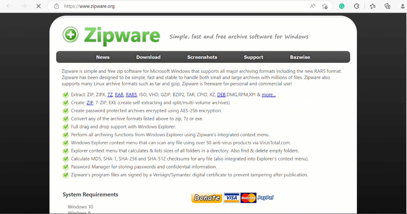 Zipware-Webseite. So laden Sie WinZip kostenlos herunter