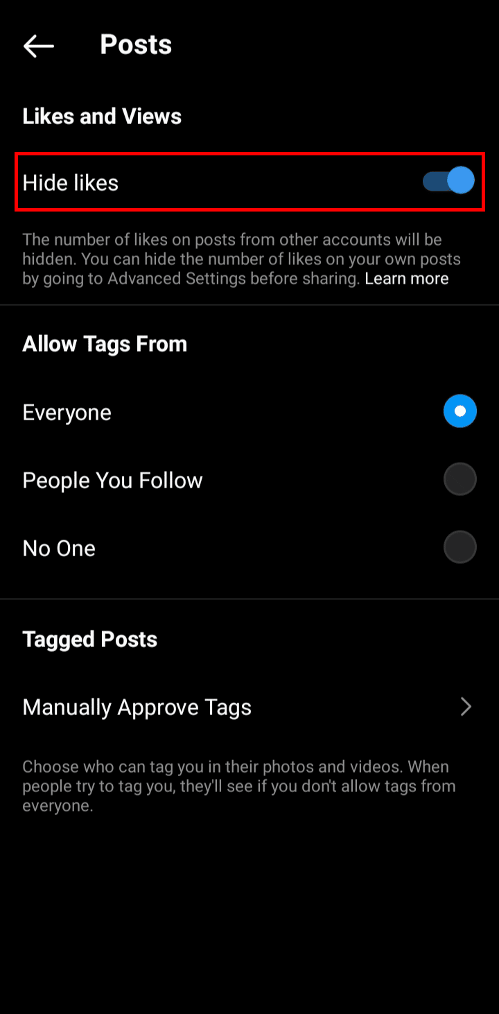 投稿セクションで、[いいね! を非表示] オプションをタップして無効にします。 Instagramでいいねされた投稿を表示する方法
