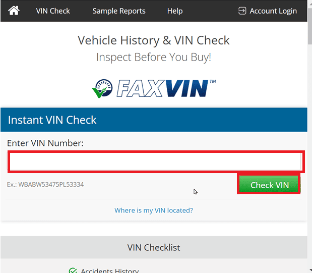Gehen Sie zu FAXVIN, geben Sie die VIN-Nummer ein und klicken Sie auf VIN prüfen | So suchen Sie den Besitzer des Kfz-Kennzeichens