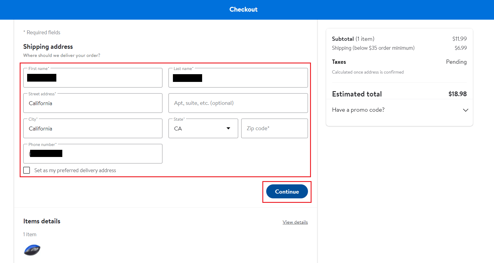 Sur la page de paiement, entrez l'adresse de livraison et cliquez sur Continuer pour effectuer le paiement | passer une commande en ligne auprès de Walmart