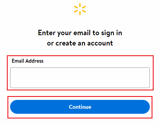 Visitez la page de connexion Walmart sur votre navigateur et entrez l'adresse e-mail dans la case indiquée et cliquez sur Continuer