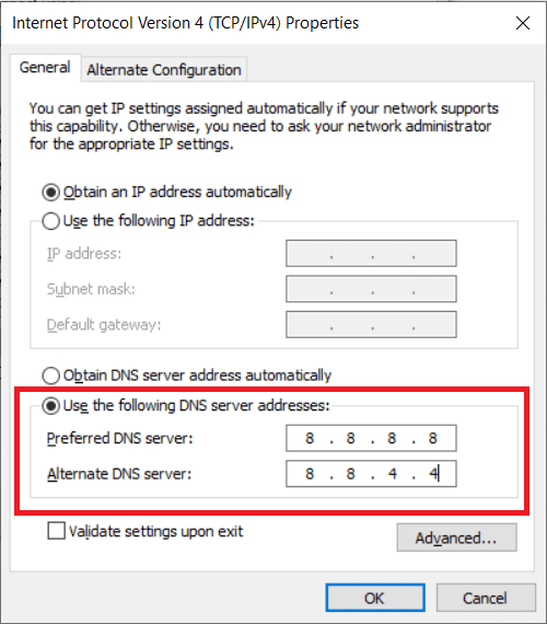 更改 DNS 服务器。修复 Google Chrome 服务器未发送数据错误