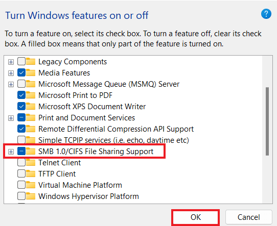 เลือกตัวเลือกการสนับสนุนการแชร์ไฟล์ SMB 1.0/CIFS แล้วคลิกตกลง