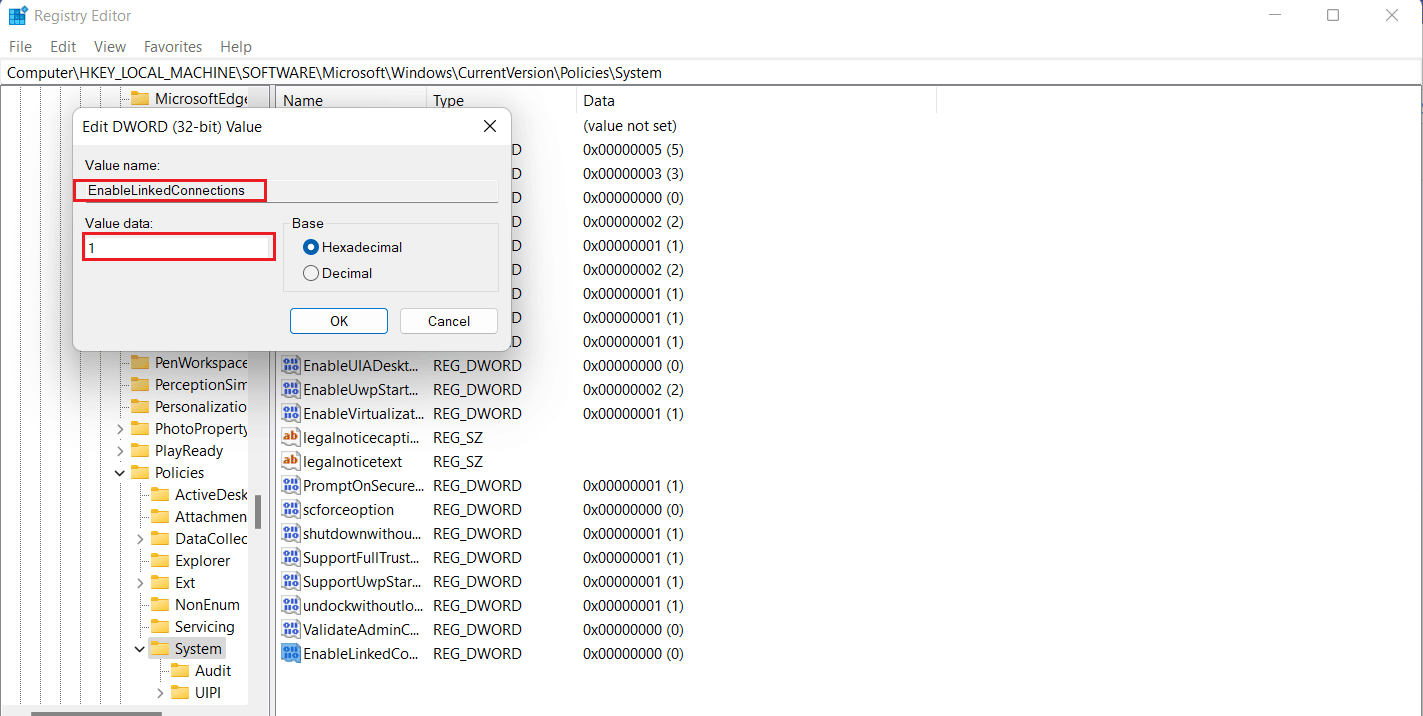 ตั้งชื่อค่าใหม่เป็น EnableLinkedConnections และตั้งค่า Value data เป็น 1