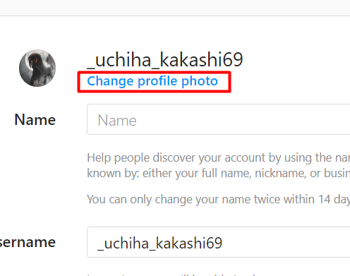Instagram ユーザー名の下にある [プロフィール写真の変更] をクリックします。