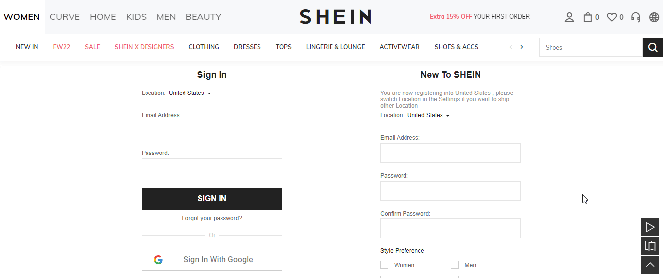 登录您的 Shein 帐户