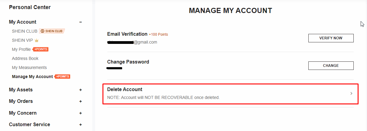 管理我的帐户菜单。如何删除 SHEIN 帐户