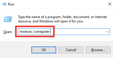 输入 msiexec unregister 并按回车键