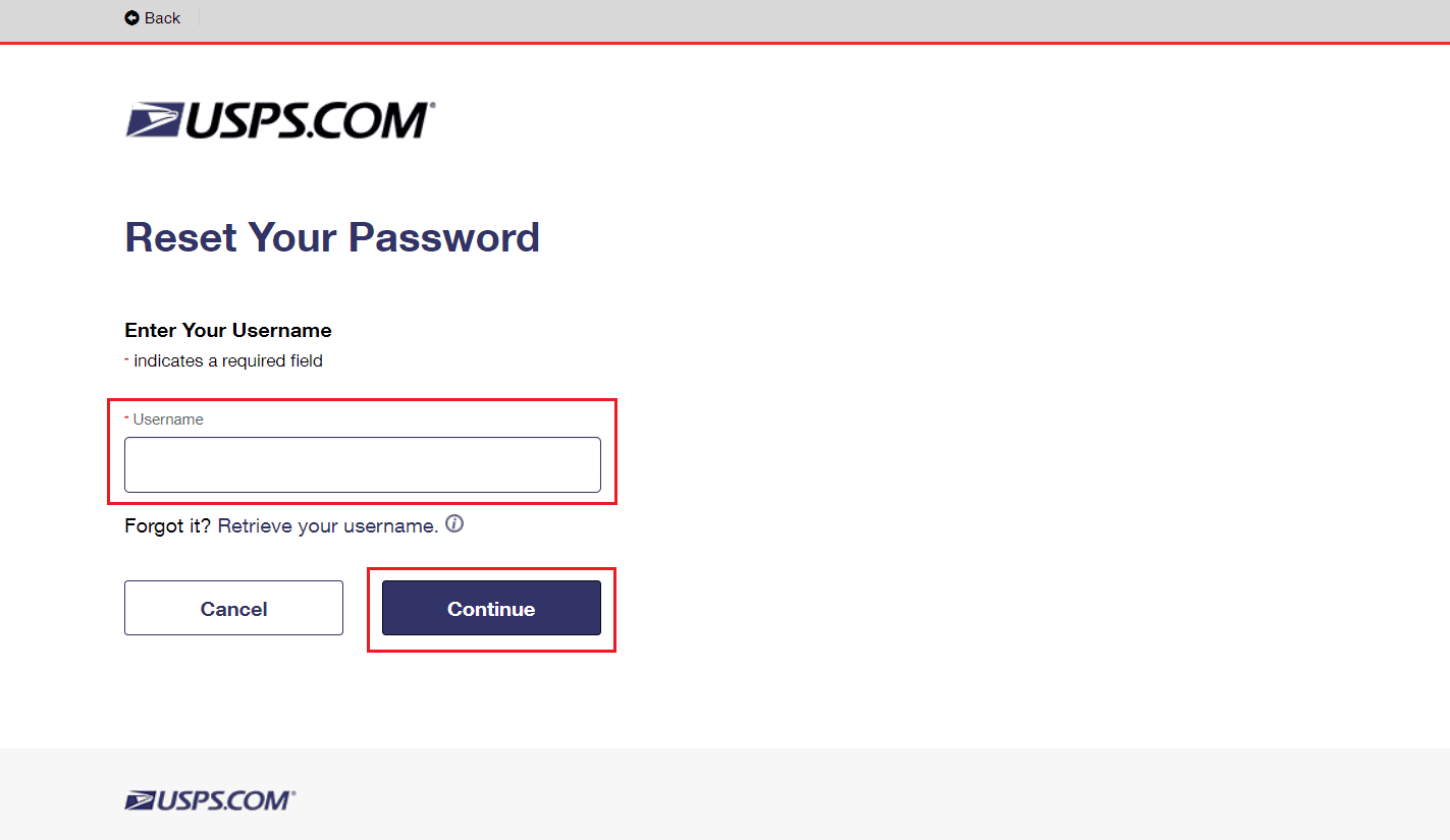 输入您的用户名并点击继续 |如何重新激活 USPS.com 帐户