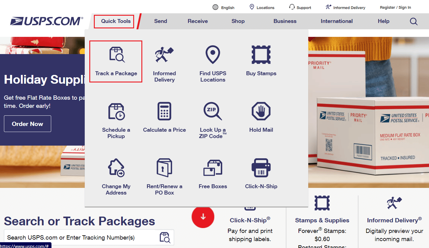 将鼠标悬停在快速工具选项上，然后单击跟踪包裹 |如何重新激活 USPS.com 帐户