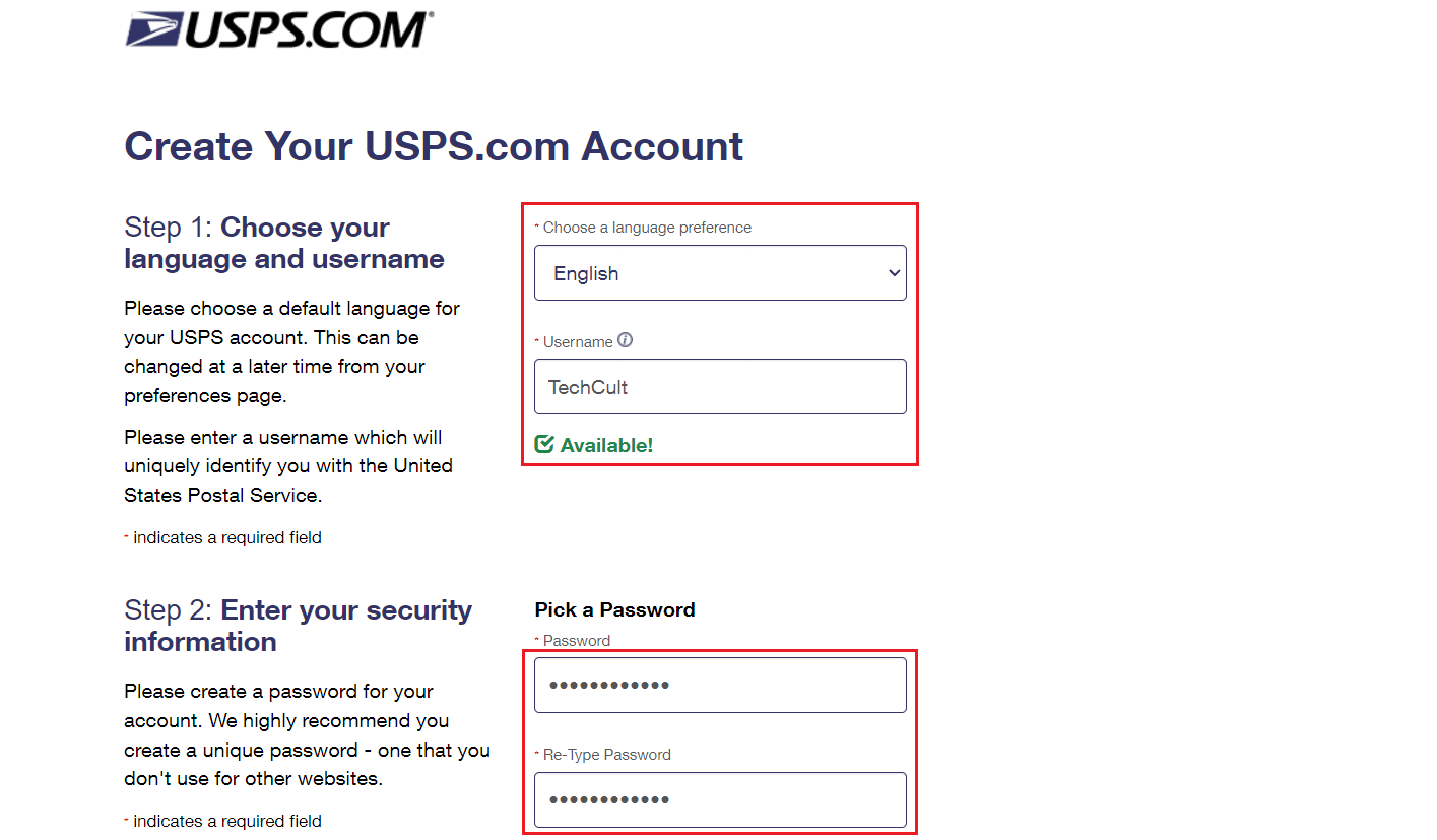 首选语言 - 所需用户名 - 输入并确认您所需的密码 |在 USPS.com 上重置密码或更改用户名