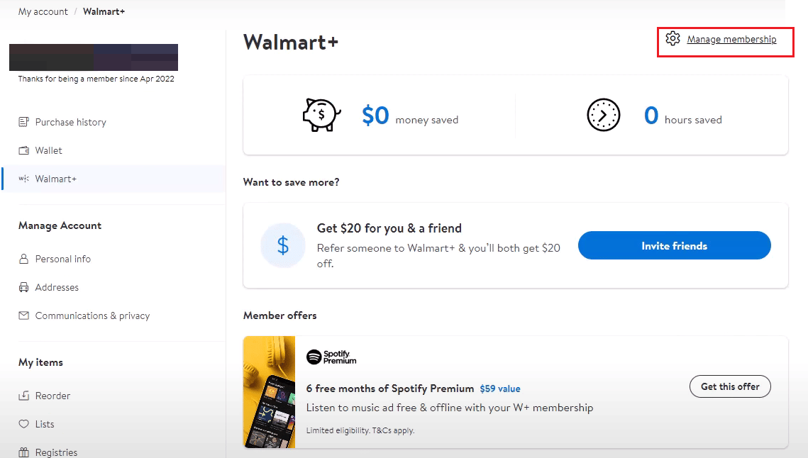 Walmart+ Gestisci l'abbonamento