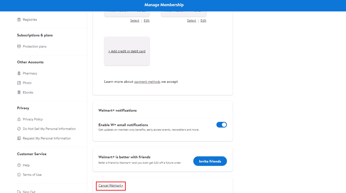 Fai clic sull'opzione Annulla Walmart+