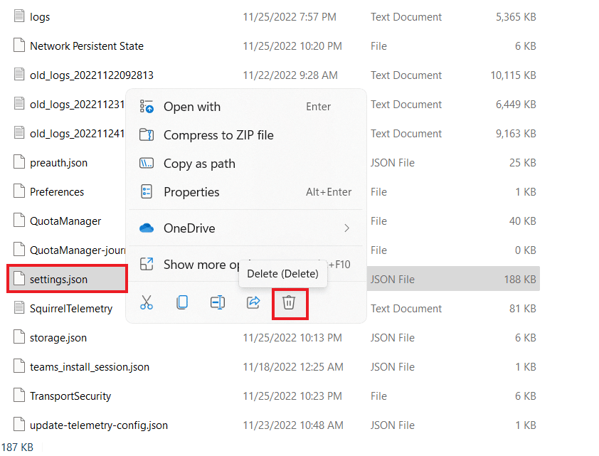 settings.json dosyasına sağ tıklayın ve Sil simgesine tıklayın