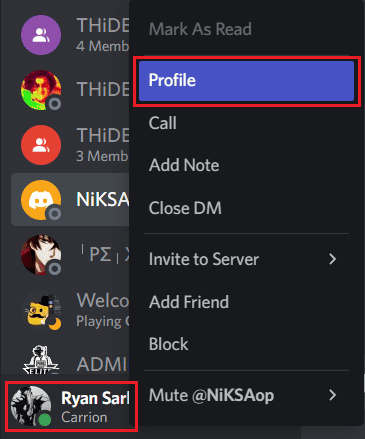 Na swoim koncie Discord kliknij prawym przyciskiem myszy ikonę żądanego użytkownika i kliknij Profil