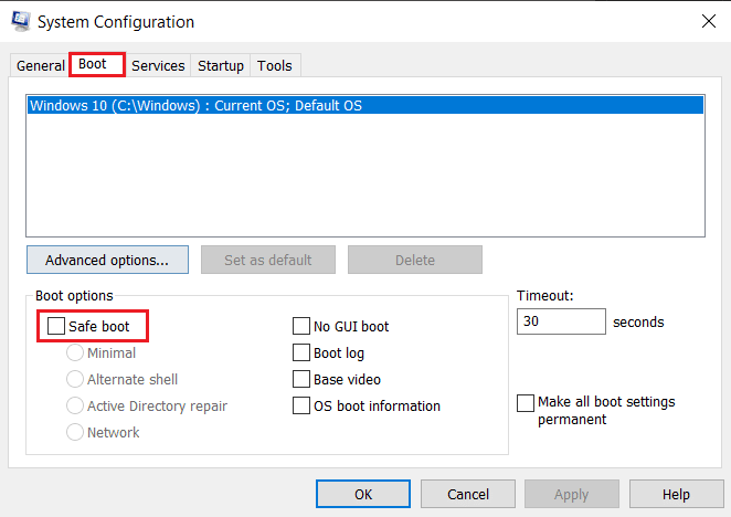 부팅 탭으로 이동하여 안전 부팅을 선택합니다. Windows 클라이언트 설치 시 발생하는 치명적인 Javascript 오류 수정