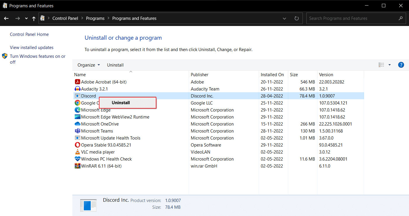 Temukan Discord dalam daftar program dan pilih Uninstall. Perbaiki Kesalahan Instalasi Perselisihan pada Windows 10