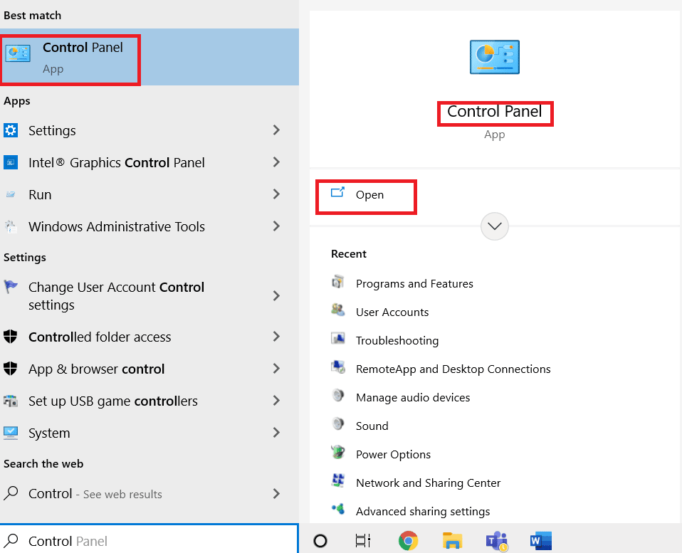 Luncurkan Control Panel dengan mengetik di bilah pencarian Windows. Perbaiki kesalahan fatal Javascript yang terjadi saat menginstal klien Windows