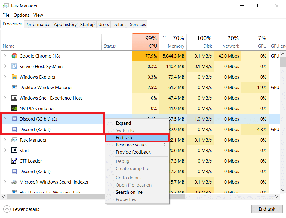 Klicken Sie mit der rechten Maustaste auf den Discord-Prozess und wählen Sie Aufgabe beenden. Behebung eines schwerwiegenden Javascript-Fehlers, der bei der Installation des Windows-Clients aufgetreten ist