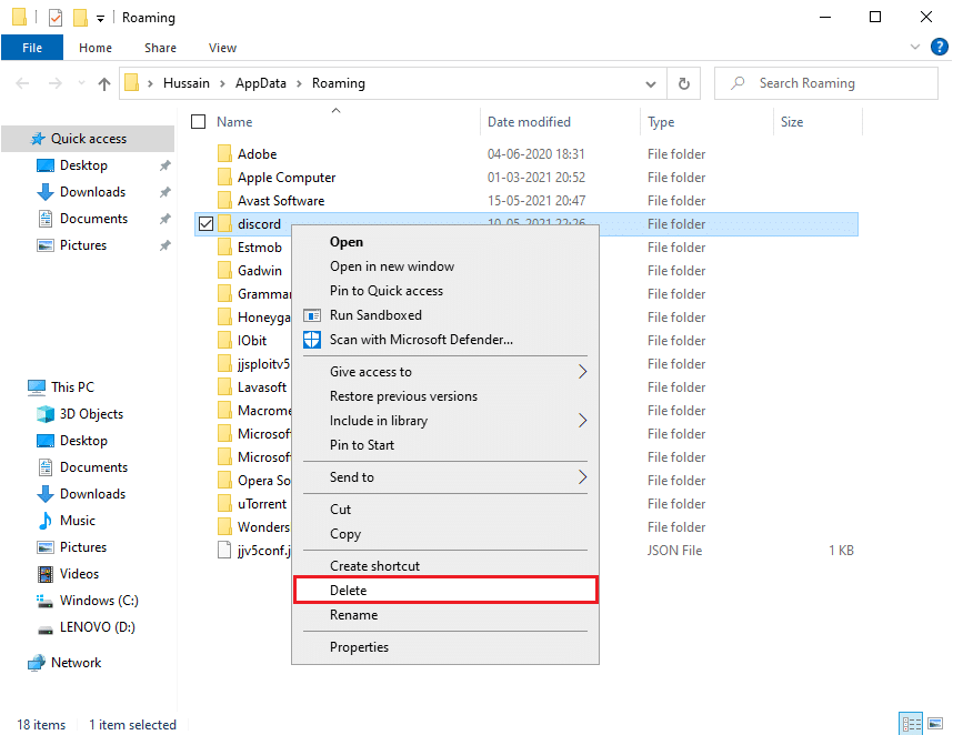 Fare clic con il tasto destro sulla cartella discord e selezionare Elimina. Correggi l'errore di installazione di Discord