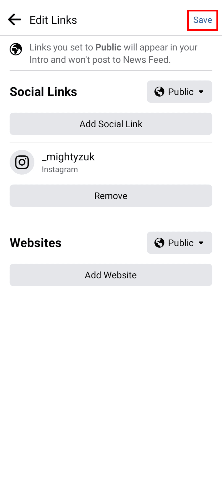 画面の右上隅にある [保存] オプションをタップして、Instagram のリンクを Facebook の略歴に追加します。 Instagramのプロフィールリンクをアプリからコピーする方法