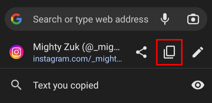 Là, vous verrez votre lien de profil appuyer sur l'icône de copie pour le copier. | Comment copier votre lien de profil Instagram depuis l'application