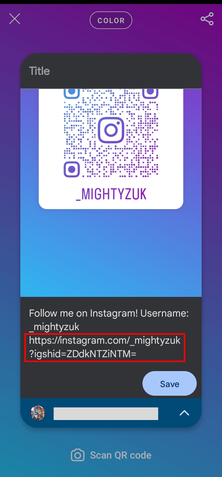 Pratinjau catatan akan ditampilkan di layar gulir gambar QR dan di bawahnya, Anda akan melihat tautan profil Anda.