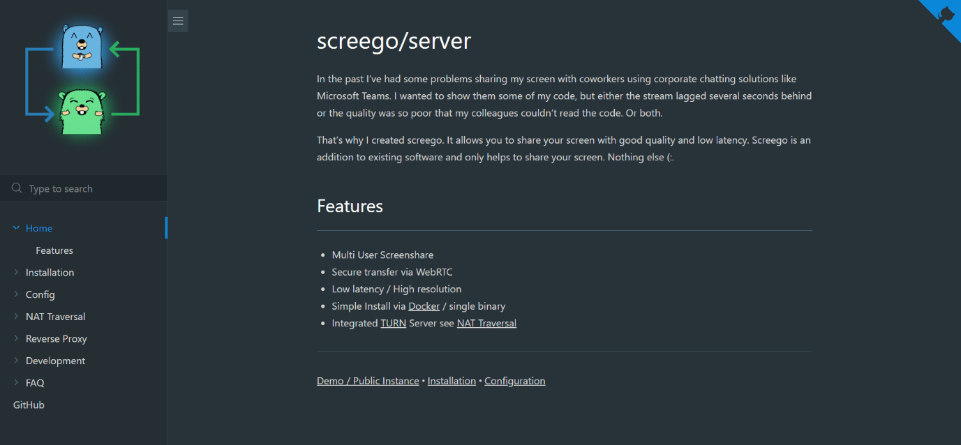 Homepage von screego