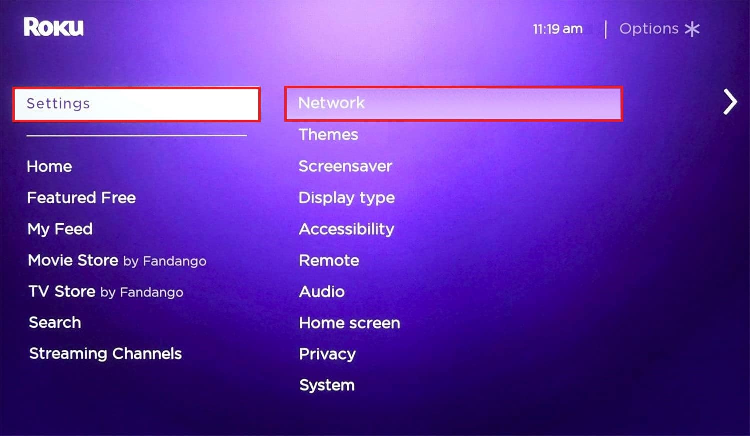 configurações de rede roku