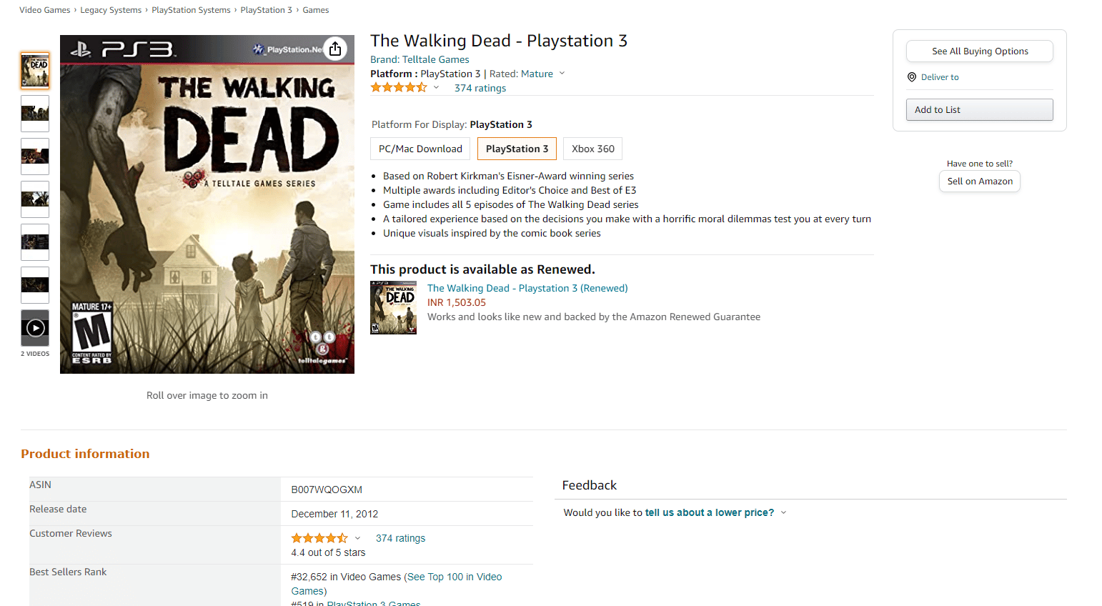 ซื้อเกม The Walking Dead Season 1 อเมซอน