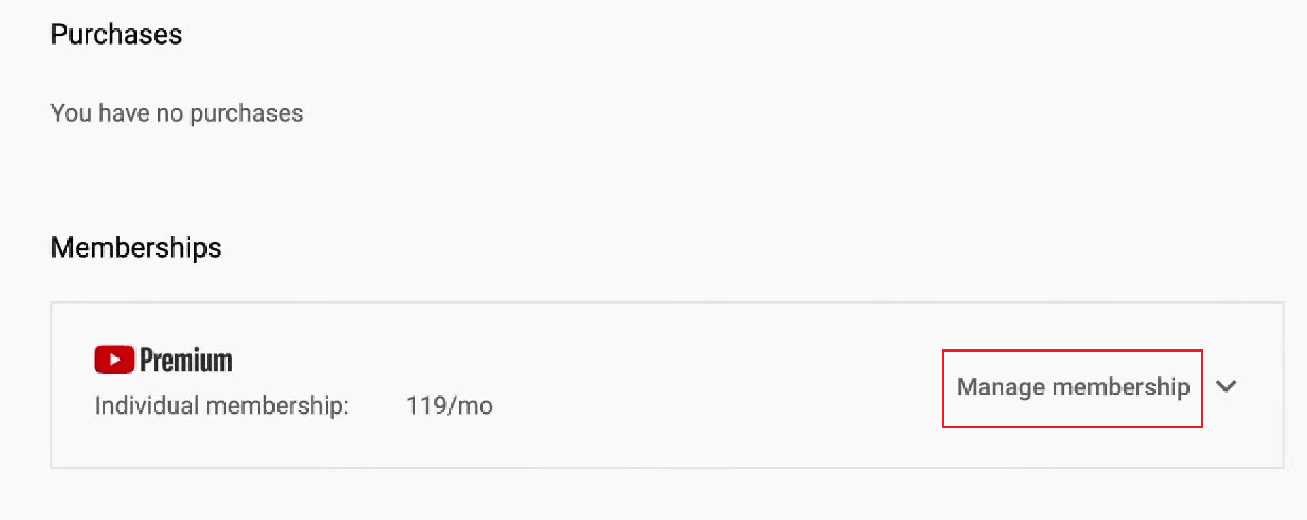 Haga clic en Administrar membresía en la sección Membresías | Cómo cancelar la prueba gratuita de YouTube Premium