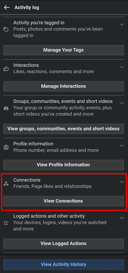Une fois là-bas, faites défiler vers le bas et sélectionnez Connexions.